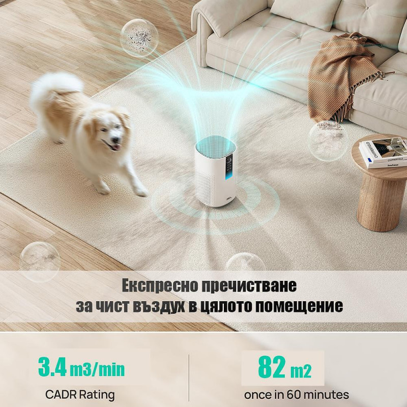 Пречиствател за въздух DREO Macro 605S, 20 м2, 202 м3/ч, Wi-Fi, 4 скорости, Нощен+Автоматичен режим, Таймер, Детска защита, LED индикатори за качество на въздуха, Бял