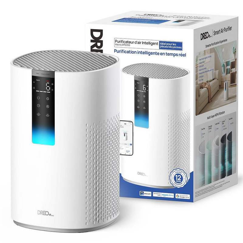 Пречиствател за въздух DREO Macro 605S, 20 м2, 202 м3/ч, Wi-Fi, 4 скорости, Нощен+Автоматичен режим, Таймер, Детска защита, LED индикатори за качество на въздуха, Бял