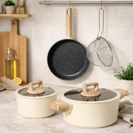 Комплект съдове за готвене Just Perfecto JL-331, 6 части, Мраморно покритие, Индукция, Стъклен капак с отвор за пара, Бежов