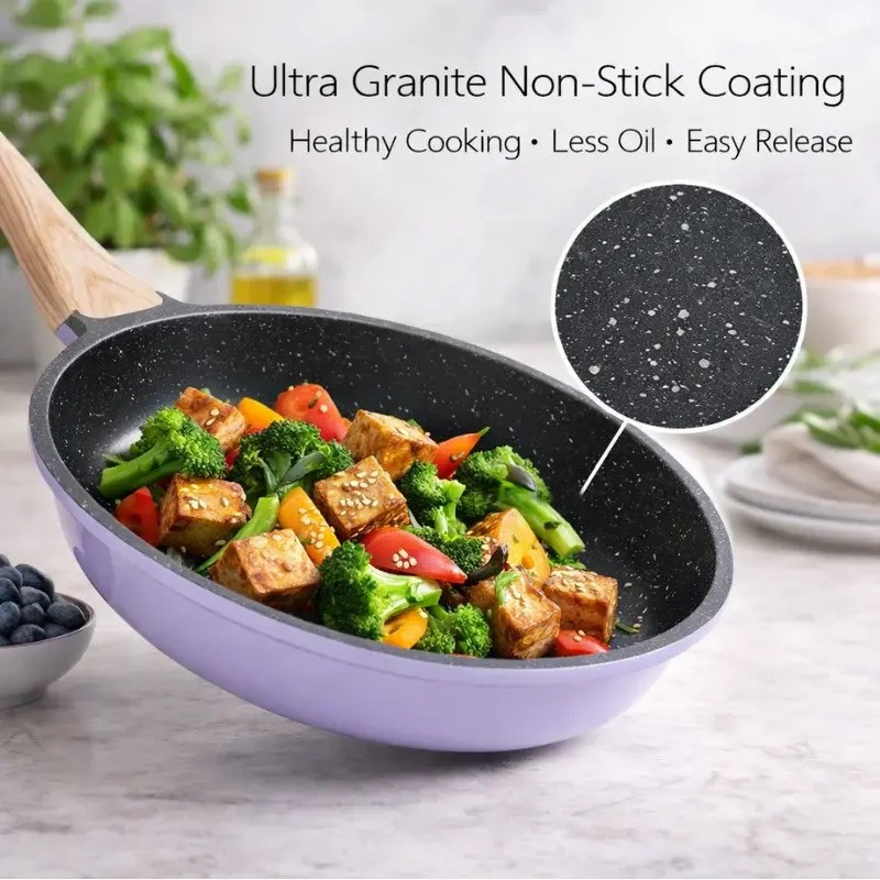 Комплект съдове за готвене Just Perfecto JL-34, 13 части, Алуминии, Мраморно покритие, Стъклени капаци с отвор за пара, Без PTFE и PFOA, Индукция, Лилав