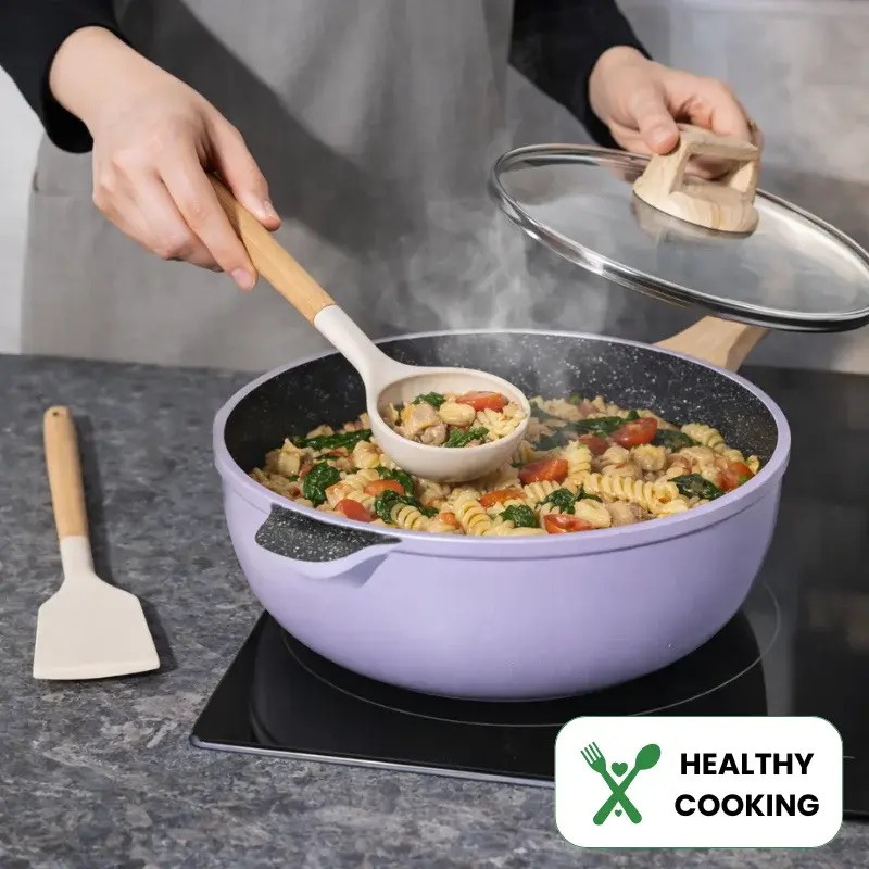 Комплект съдове за готвене Just Perfecto JL-34, 13 части, Алуминии, Мраморно покритие, Стъклени капаци с отвор за пара, Без PTFE и PFOA, Индукция, Лилав