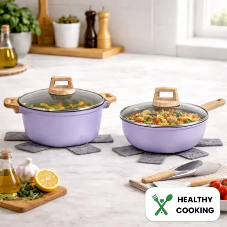 Комплект съдове за готвене Just Perfecto JL-34, 13 части, Алуминии, Мраморно покритие, Стъклени капаци с отвор за пара, Без PTFE и PFOA, Индукция, Лилав