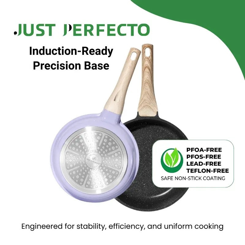 Комплект съдове за готвене Just Perfecto JL-34, 13 части, Алуминии, Мраморно покритие, Стъклени капаци с отвор за пара, Без PTFE и PFOA, Индукция, Лилав