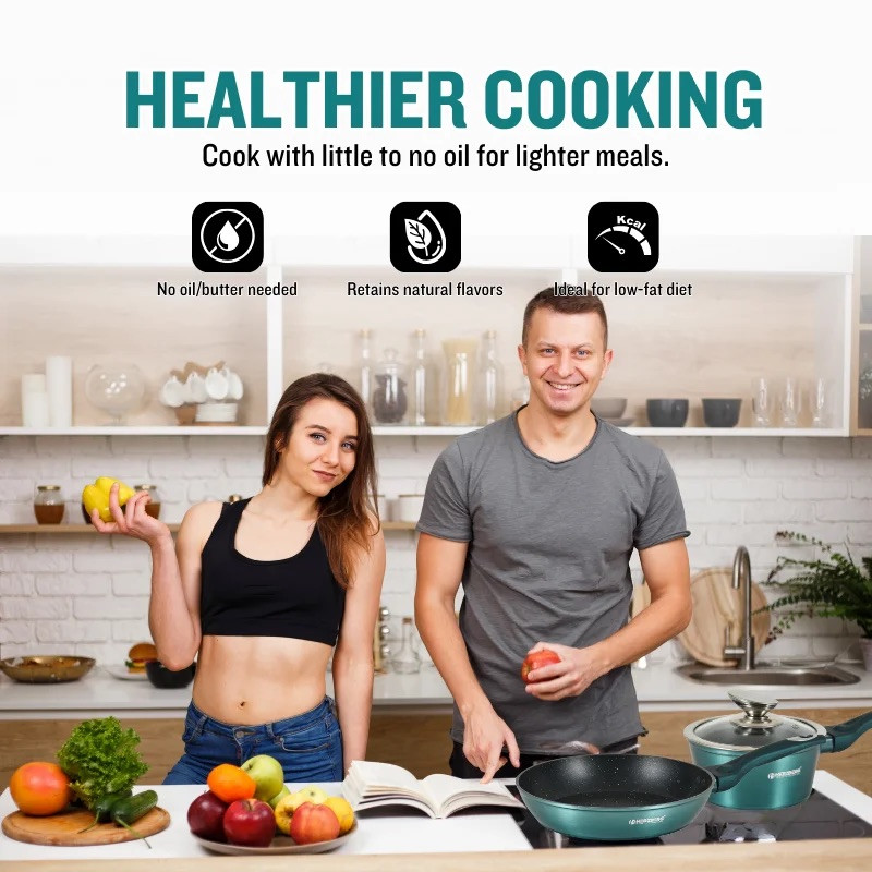 Комплект съдове за готвене Herzberg HG-METBL15, 15 части, Мраморно покритие, Стъклени капаци, Индукция, Ментово зелен