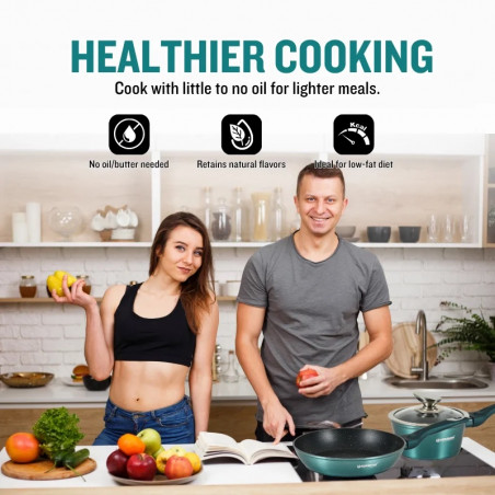 Комплект съдове за готвене Herzberg HG-METBL15, 15 части, Мраморно покритие, Стъклени капаци, Индукция, Ментово зелен