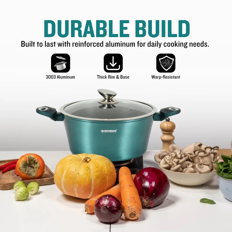 Комплект съдове за готвене Herzberg HG-METBL15, 15 части, Мраморно покритие, Стъклени капаци, Индукция, Ментово зелен