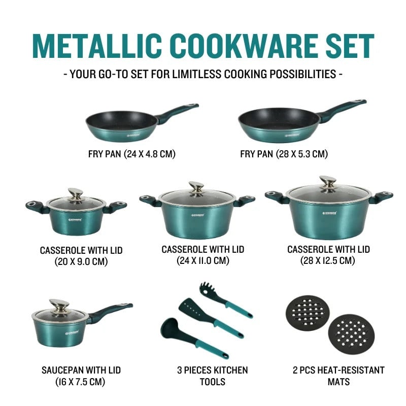Комплект съдове за готвене Herzberg HG-METBL15, 15 части, Мраморно покритие, Стъклени капаци, Индукция, Ментово зелен