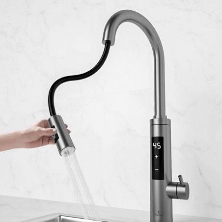 Нагревател за вода Elite EHD-1514PP, 3300W, Регулируема мощност, Въртене на 360, Самоподгряване, Сензорен дисплей, IPX4, Сребрист