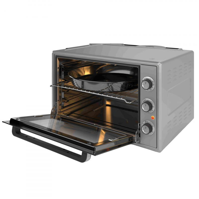 Малка готварска печка Elite EMO-FL 65 2591, 2000W, 65 литра, 3 режима, Двойно стъкло, Термостат, Таймер, Турбо вентилатор, Сив