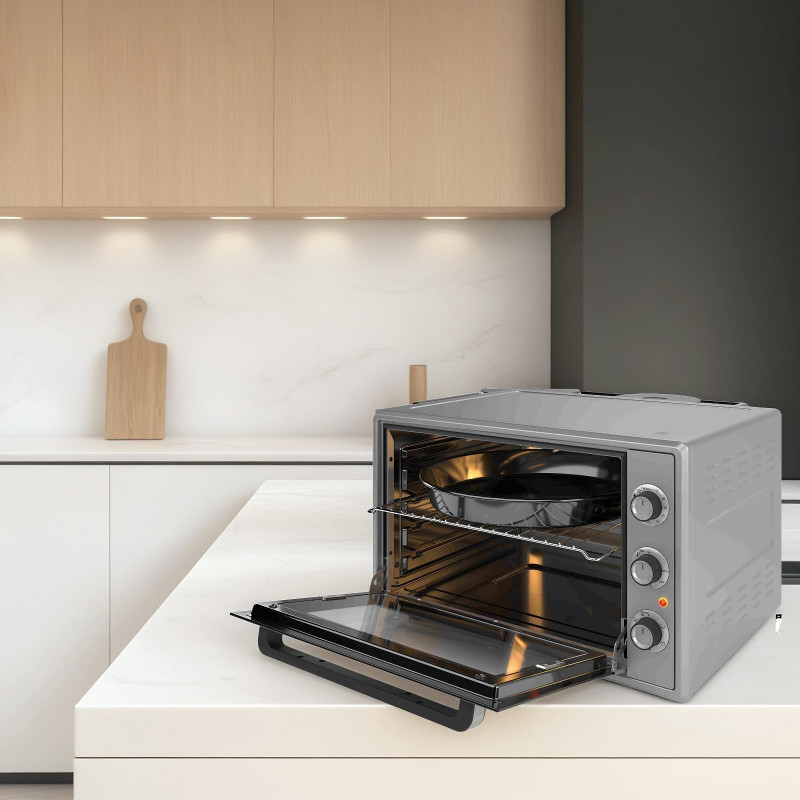 Малка готварска печка Elite EMO-FL 65 2591, 2000W, 65 литра, 3 режима, Двойно стъкло, Термостат, Таймер, Турбо вентилатор, Сив