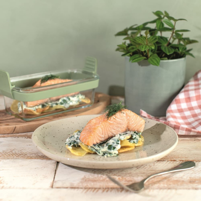 Комплект 2 бр правоъгълни форми за печене Lekue 1010158, За фритюрник, Силиконови дръжки, Боросиликатно стъкло, Зелен