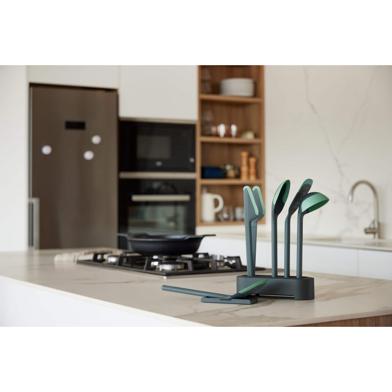 Комплект прибори за готвене Lekue 1010178, 6 бр + поставка, Силиконов ръб, 4/220°C, Зелен