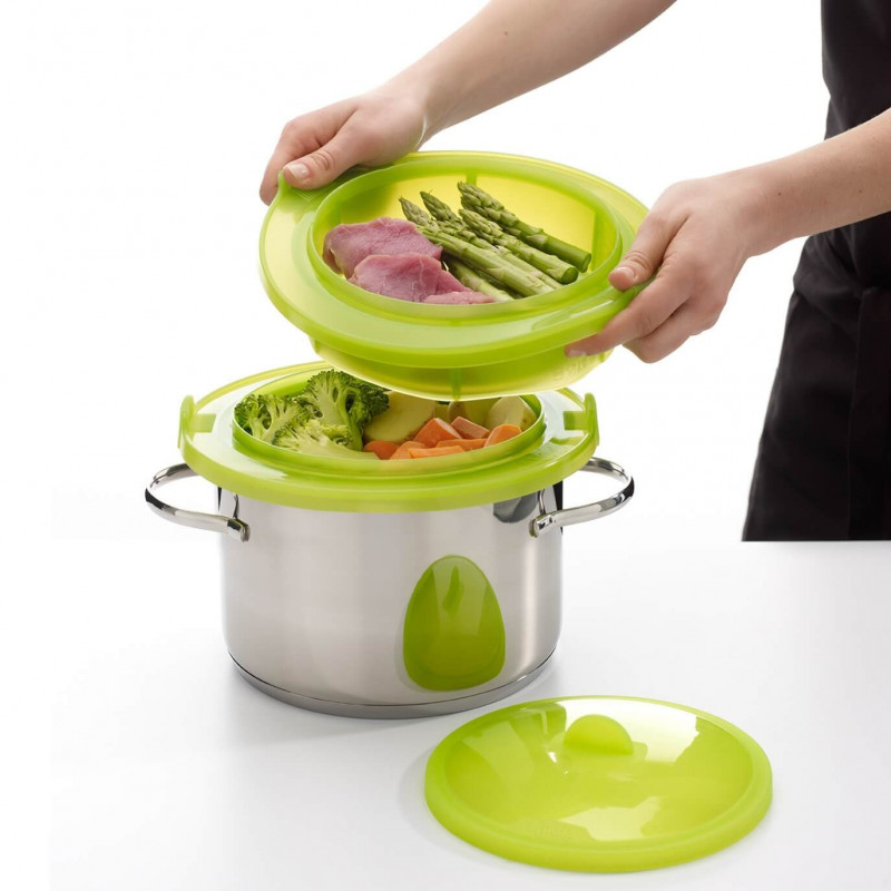Съд за готвене на пара в микровълнова Lekue 1010195, 2 нива, Съвместим с тенджери Ø19-22 см, Плътно прилепване, -60/+220°C, Силикон, Зелен