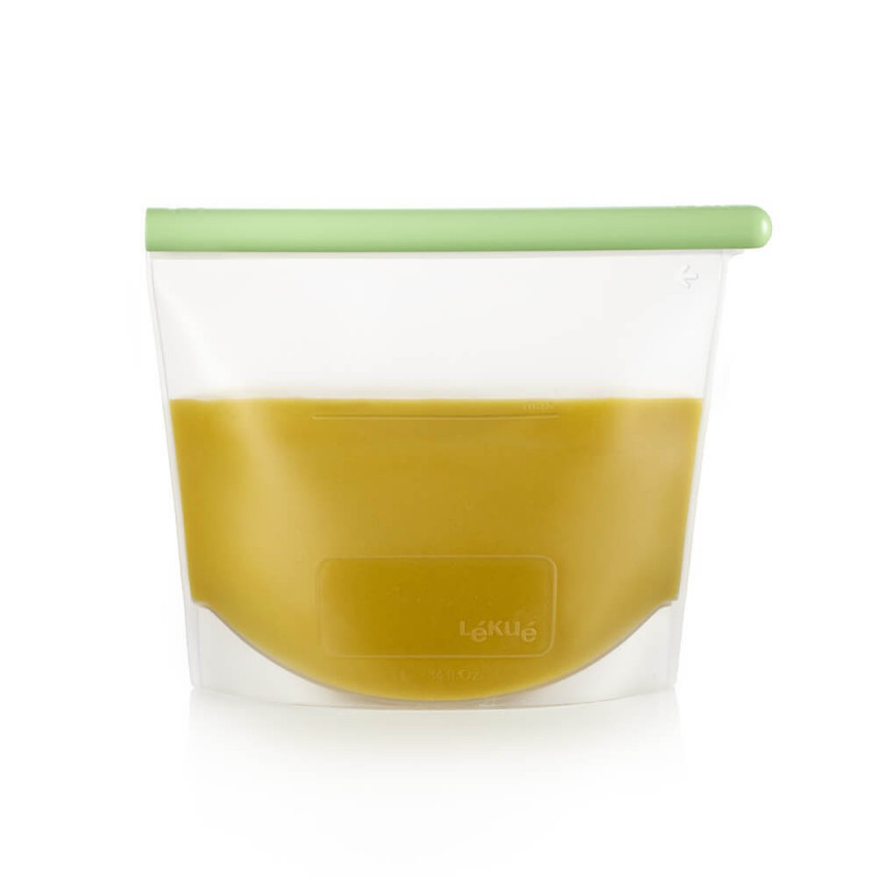 Торбичка за съхранение и замразяване на течности и храни Lekue 1010209, 1 л, Силикон, Без разливане, Поле за надписване, Многофункционална, -60/+220°C, Зелен