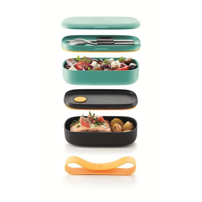 Комплект 2 бр кутии за храна Lekue On The Go 1010220, 500 мл, Херметично затваряне, Отделение за прибори, Клапан за микровълнова, Тюркоаз