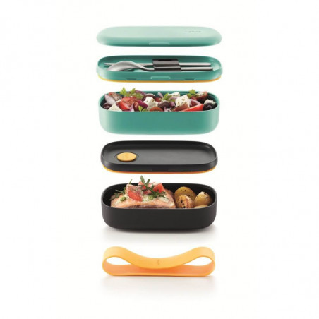 Комплект 2 бр кутии за храна Lekue On The Go 1010220, 500 мл, Херметично затваряне, Отделение за прибори, Клапан за микровълнова, Тюркоаз