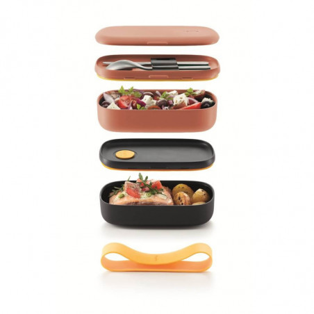 Комплект 2 бр кутии за храна Lekue On The Go 1010221, 500 мл, Херметично затваряне, Отделение за прибори, Клапан за микровълнова, Корал