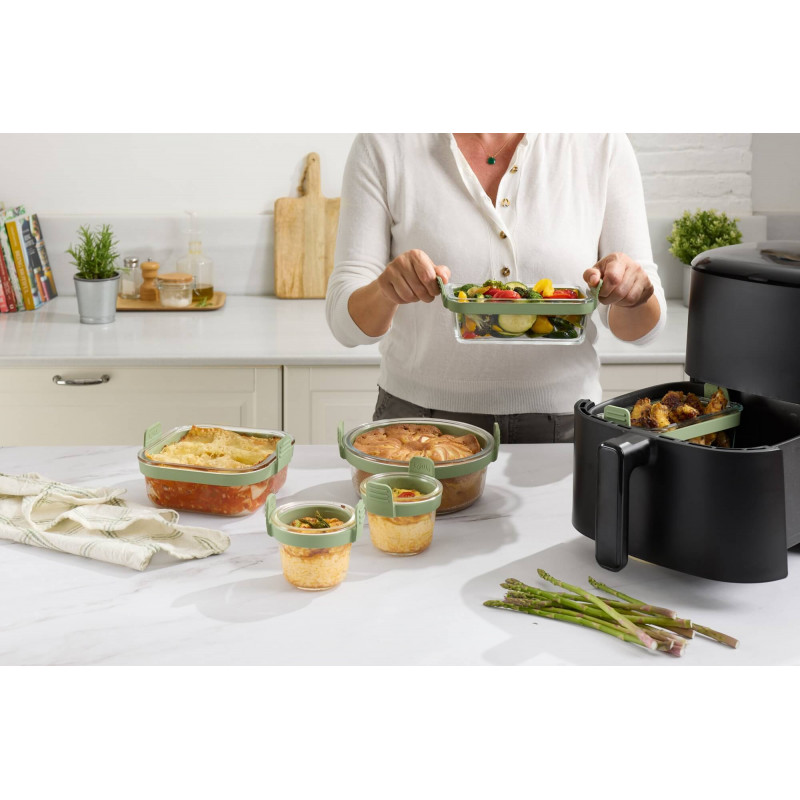 Форма за печене във фритюрник с горещ въздух Lekue 1010159, 18.5x17.5x9.5 см, Стъкло, Противоплъзгащи дръжки, -20/+220°C, Лесно почистване, Зелен