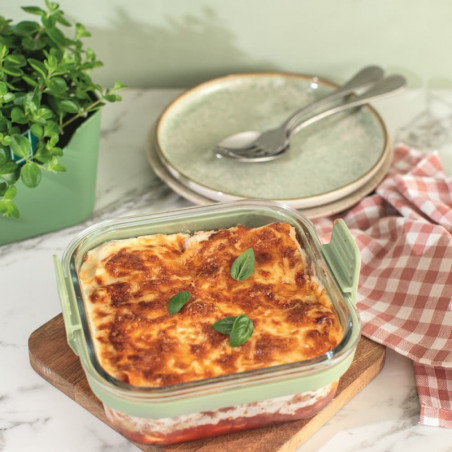 Форма за печене във фритюрник с горещ въздух Lekue 1010159, 18.5x17.5x9.5 см, Стъкло, Противоплъзгащи дръжки, -20/+220°C, Лесно почистване, Зелен