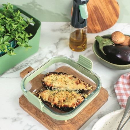 Форма за печене във фритюрник с горещ въздух Lekue 1010159, 18.5x17.5x9.5 см, Стъкло, Противоплъзгащи дръжки, -20/+220°C, Лесно почистване, Зелен