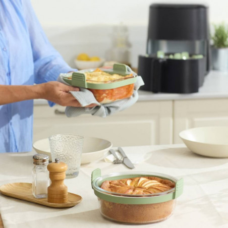 Форма за печене във фритюрник с горещ въздух Lekue 1010159, 18.5x17.5x9.5 см, Стъкло, Противоплъзгащи дръжки, -20/+220°C, Лесно почистване, Зелен