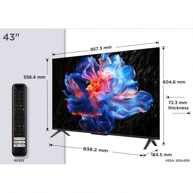 Телевизор TCL 43P6K, 43", 108 см, 4K UHD LED, 3840x2160, Google TV, Dolby Audio, HDR10, Wi-Fi, Bluetooth, Черен