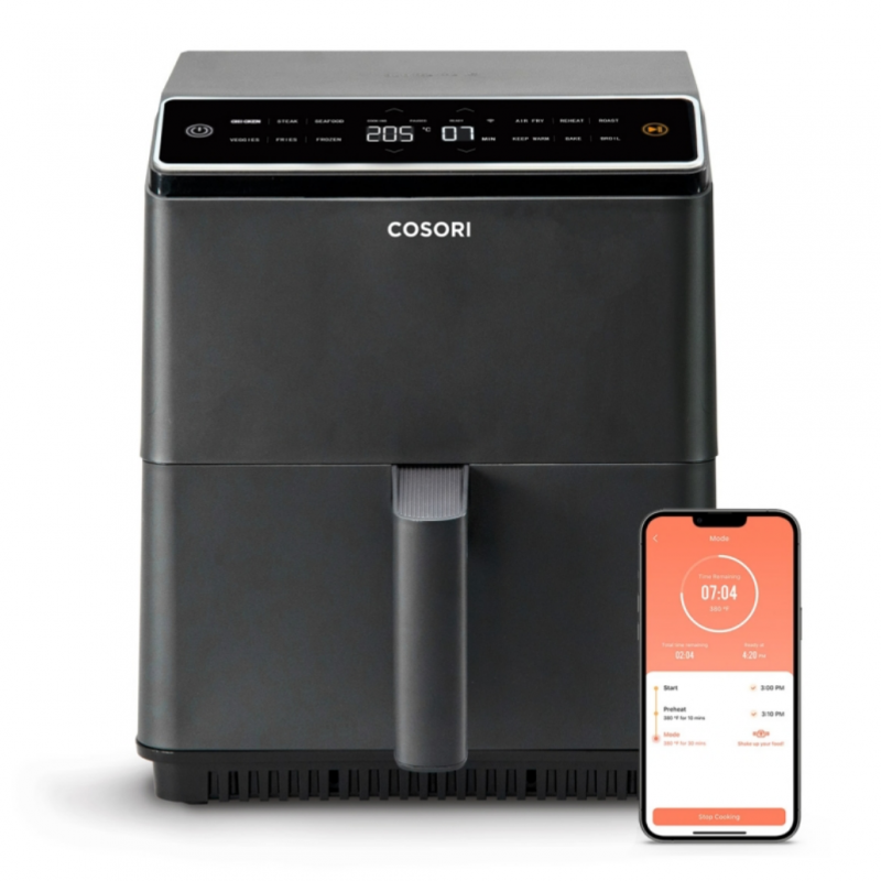 Фритюрник с горещ въздух Cosori Dual Blaze CAF-P583S, 1700 W, 6.4 л, 12 програми, 360 ThermoIQ, Двойни нагреватели, Черен