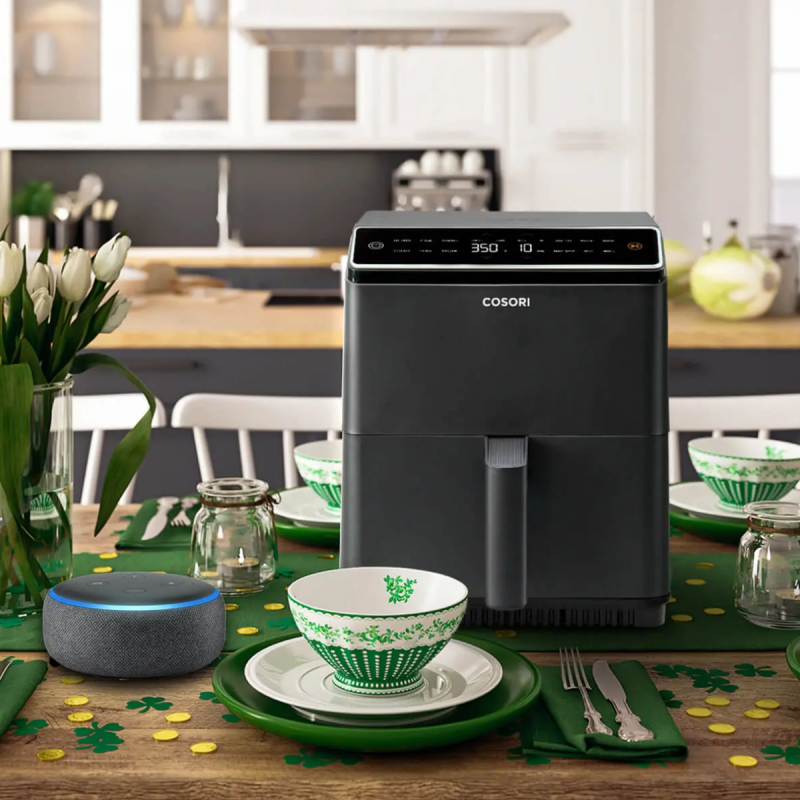 Фритюрник с горещ въздух Cosori Dual Blaze CAF-P583S, 1700 W, 6.4 л, 12 програми, 360 ThermoIQ, Двойни нагреватели, Черен