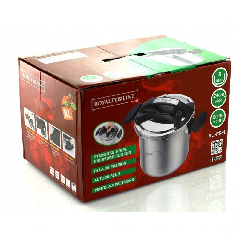 Тенджера под налягане Royalty Line RL-PS8L, 8 л, 80 kPa, Неръждаема стомана, Предпазен клапан, Мерителна скала, Индукция, Сребрист