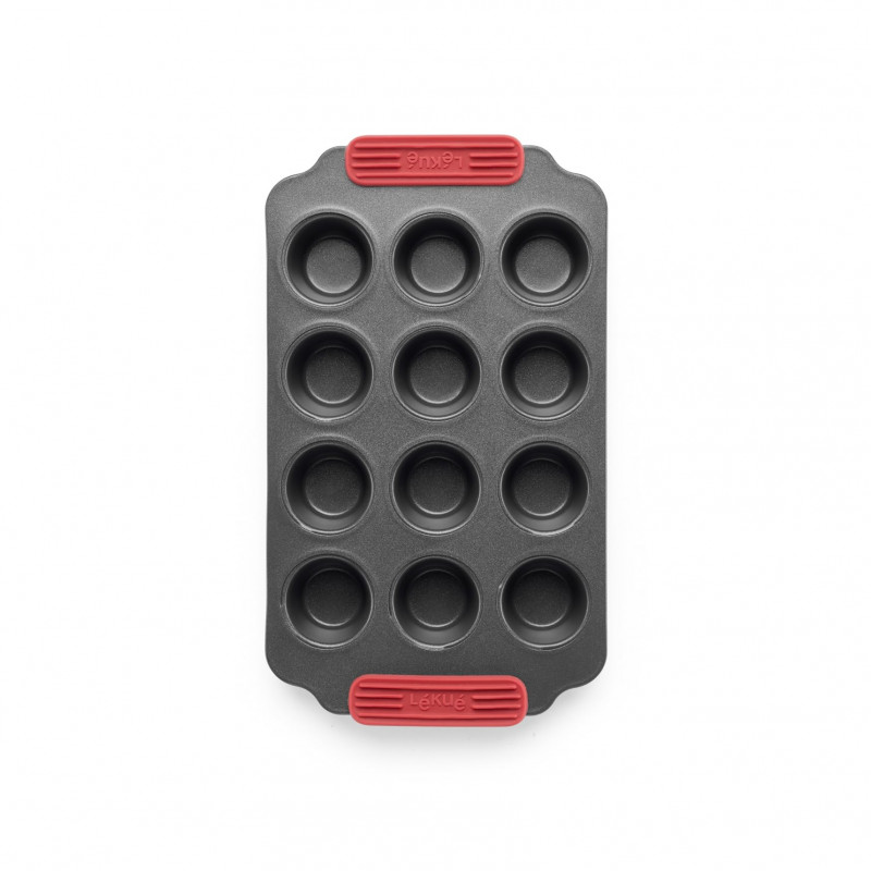 Форма за мъфини Lekue 1009479, За 12 бр, 31x18x3.7 см, Керамично незалепващо покритие, Карбонова стомана, От +4°C до +240°C, Черен/Червен