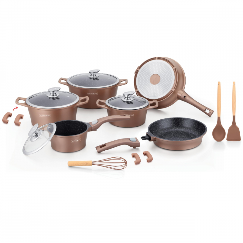 Комплект тенджери и тиган Royalty Line RL-ES2014M, 17 части, Мраморно покритие, Индукция, Меден цвят