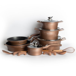 Комплект тенджери и тиган Royalty Line RL-ES2014M, 17 части, Мраморно покритие, Индукция, Меден цвят