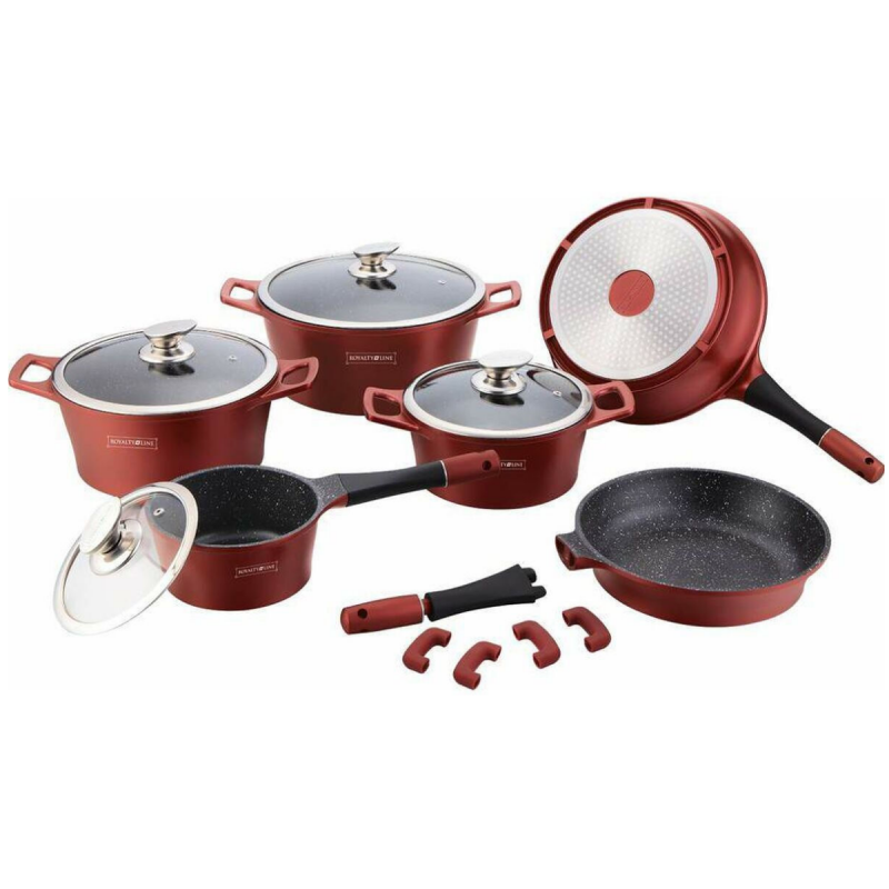 Комплект тенджери и тиган Royalty Line RL-ES2014M, 17 части, Мраморно покритие, Индукция, Бордо