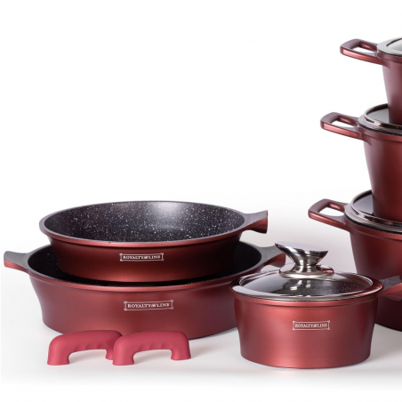 Комплект тенджери и тиган Royalty Line RL-ES2014M, 17 части, Мраморно покритие, Индукция, Бордо