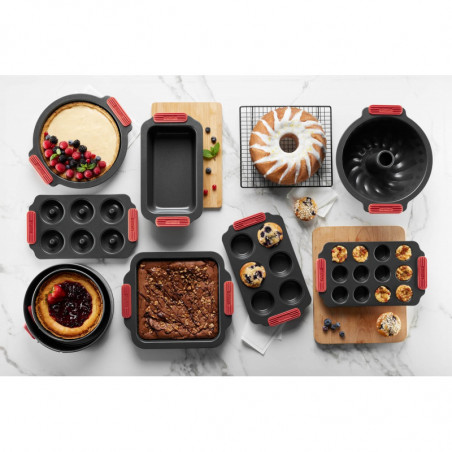 Форма за мъфини Lekue 1009478, За 6 бр, 31x18x3.7 см, Керамично незалепващо покритие, Карбонова стомана, От +4°C до +240°C, Черен/Червен