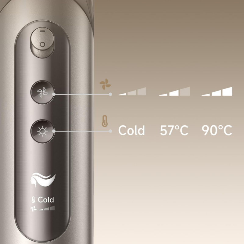 Уред за сушене и стилизиране/мултистайлър Dreame Dazzle AZD20A, 1400W, 65 m/s, 3 настройки за скорост и темп., Йонизация, Дисплей, Титаниево злато