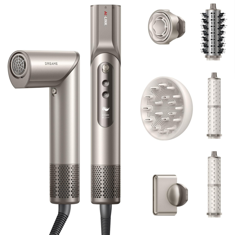 Уред за сушене и стилизиране/мултистайлър Dreame Dazzle AZD20A, 1400W, 65 m/s, 3 настройки за скорост и темп., Йонизация, Дисплей, Титаниево злато