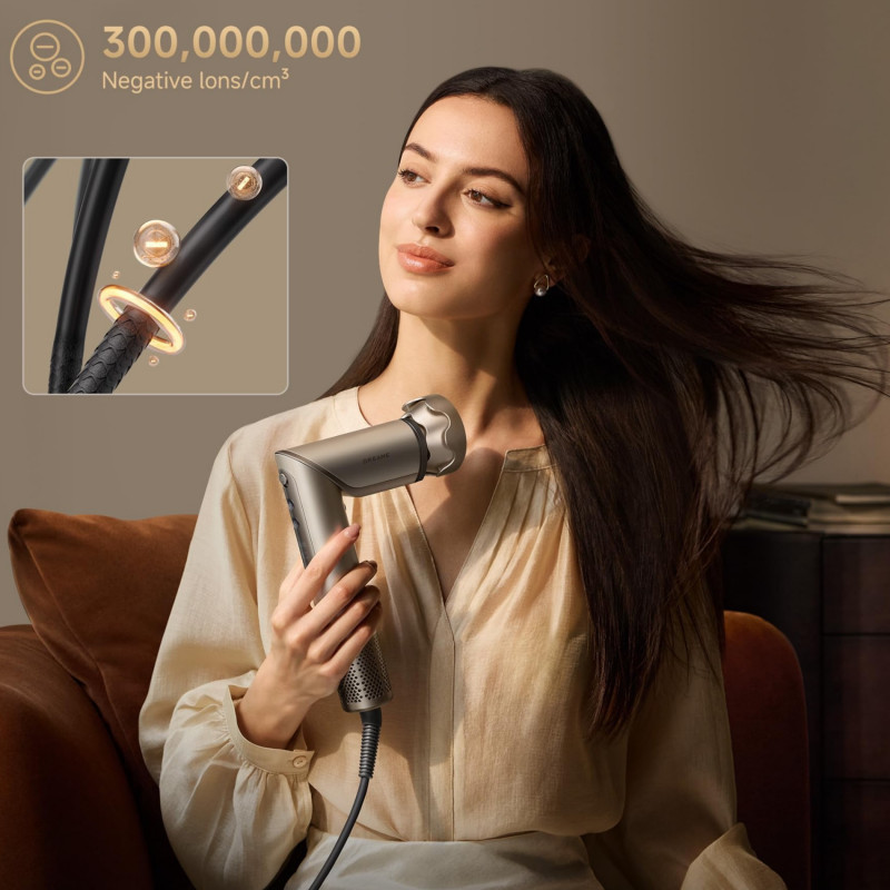 Уред за сушене и стилизиране/мултистайлър Dreame Dazzle AZD20A, 1400W, 65 m/s, 3 настройки за скорост и темп., Йонизация, Дисплей, Титаниево злато