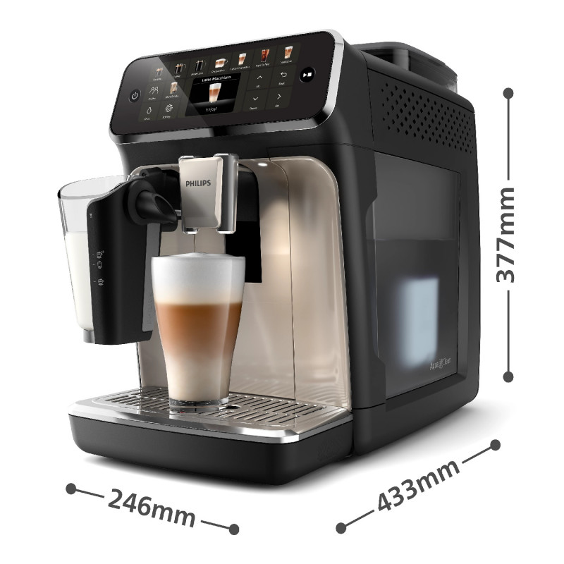 Кафеавтомат Philips EP5547/90 LatteGo, 1500W, 15 bar, 1.8 л, 20 напитки, Керамична мелачка с 12 нива, TFT, AquaClean, SilentBrew, AromaExtract, ExtraShot, Черен/Бежов