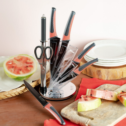 Комплект 5бр ножове Edenberg EB-952, Карбонова стомана, Ножица+точило, Акрилна стойка, Черен/червен