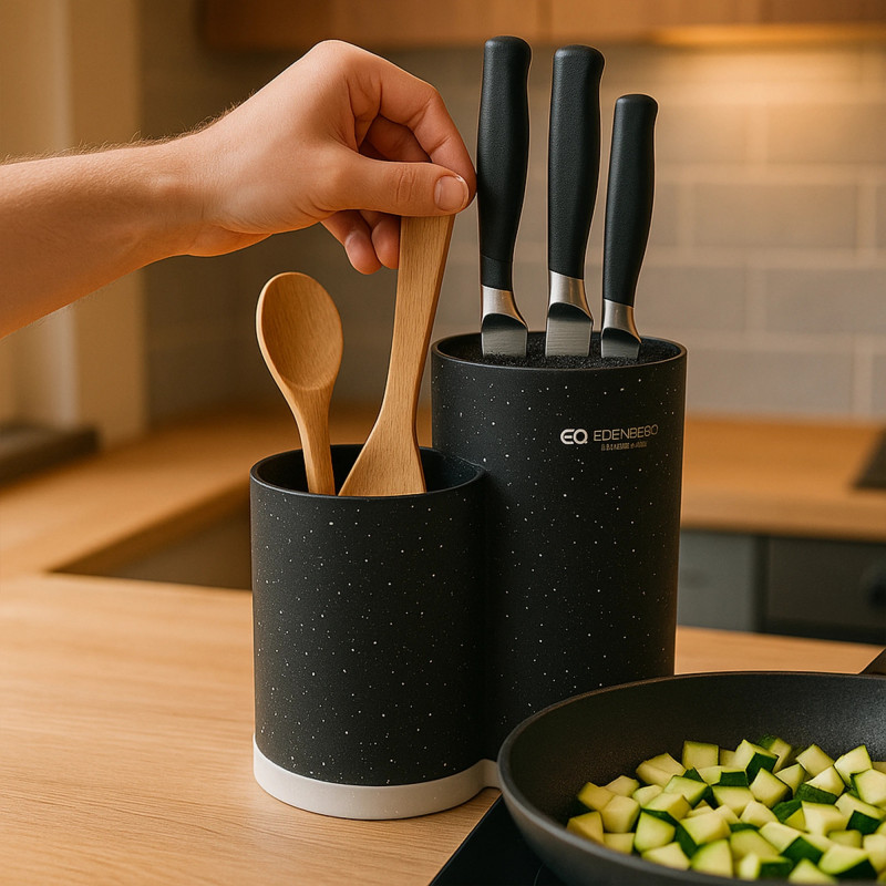 Поставка за ножове и прибори Edenberg EB-5105B, 22x20 см, До 10 ножа, 2 отделения, Лесно почистване, Меко покритие, Черен