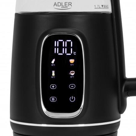 Електрическа кана Adler AD 1305 BS, 1850/2200 W, 1.7 л, Сензорен контрол, Цветен LCD дисплей, Пет температурни настройки 40-100°C, Филтър против утаяване, Черен/сив