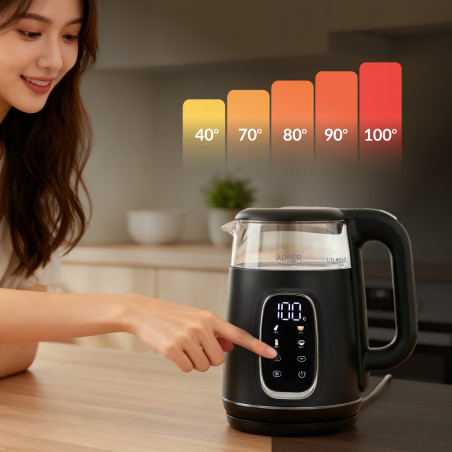 Електрическа кана Adler AD 1305 BS, 1850/2200 W, 1.7 л, Сензорен контрол, Цветен LCD дисплей, Пет температурни настройки 40-100°C, Филтър против утаяване, Черен/сив