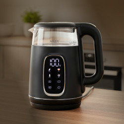 Електрическа кана Adler AD 1305 BS, 1850/2200 W, 1.7 л, Сензорен контрол, Цветен LCD дисплей, Пет температурни настройки 40-100°C, Филтър против утаяване, Черен/сив