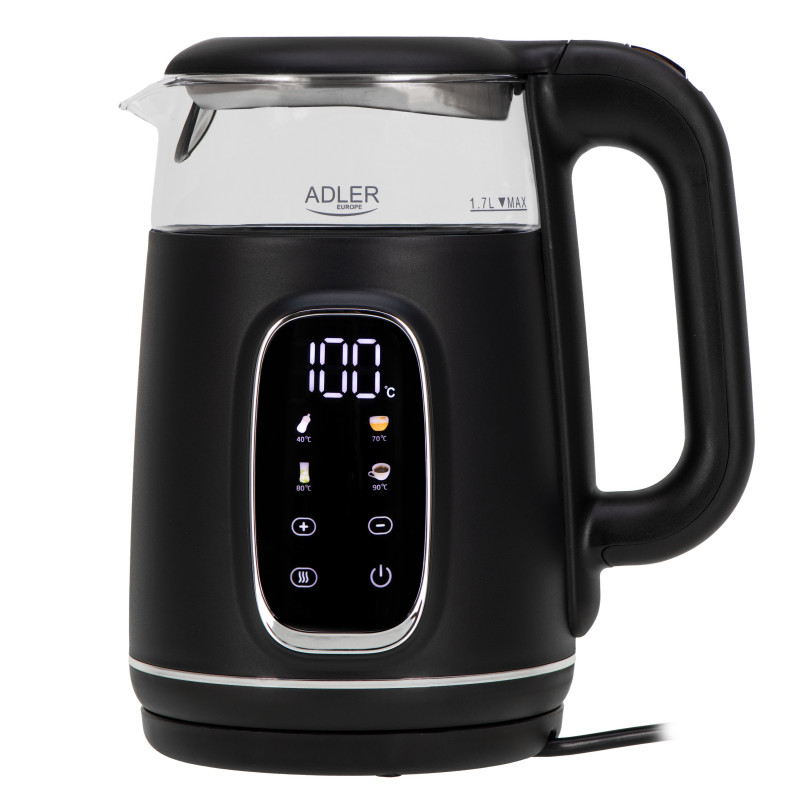 Електрическа кана Adler AD 1305 BS, 1850/2200 W, 1.7 л, Сензорен контрол, Цветен LCD дисплей, Пет температурни настройки 40-100°C, Филтър против утаяване, Черен/сив
