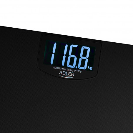 Кантар Adler AD 8193, До 250 кг, LCD, Индикатори за батерия и претоварване, Неплъзгащ се, Черен