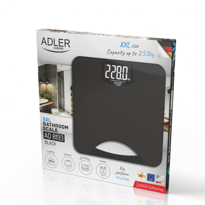 Кантар Adler AD 8193, До 250 кг, LCD, Индикатори за батерия и претоварване, Неплъзгащ се, Черен