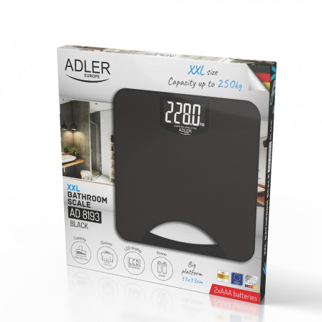 Кантар Adler AD 8193, До 250 кг, LCD, Индикатори за батерия и претоварване, Неплъзгащ се, Черен