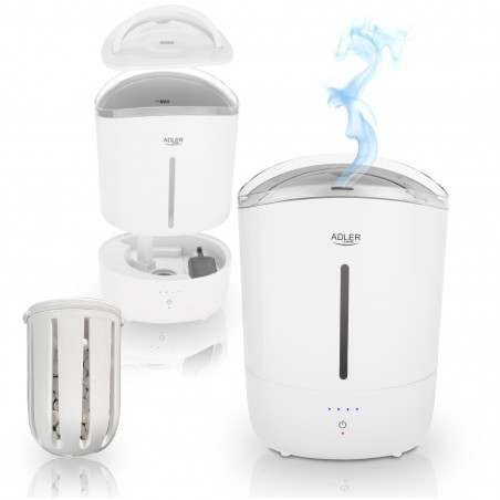 Овлажнител за въздух Adler AD 7971, 30W, До 20м2, 5 литра, 150-300 мл/час, Ултразвук, До 50 часа с едно пълнене, Бял