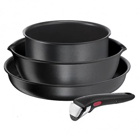 Комплект тигани Tefal Ingenio 2100038720, 4 части, Подвижна дръжка, Незалепващо покритие, Без PFOA, Алуминий, Черен